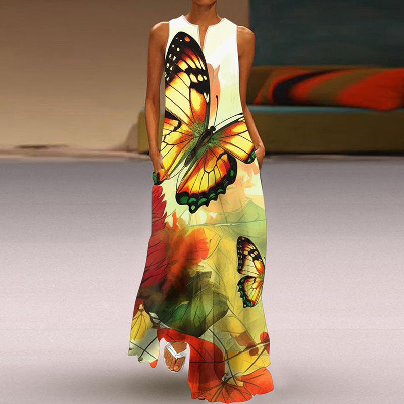 Printed V-neck Pocket Long Dress Swing