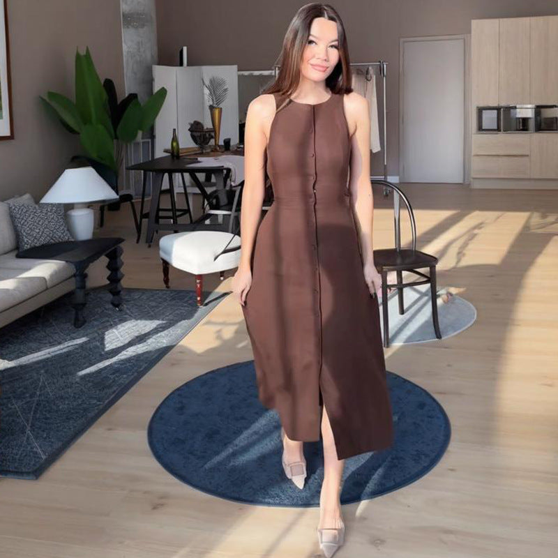 Women's Sleeveless Button Waist Trimming Fashion Dress
