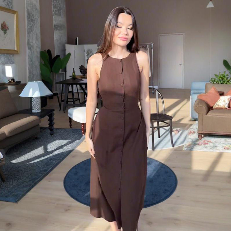 Women's Sleeveless Button Waist Trimming Fashion Dress