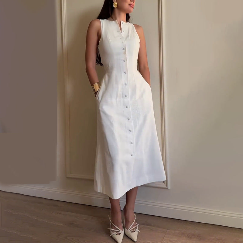 Women's Sleeveless Button Waist Trimming Fashion Dress