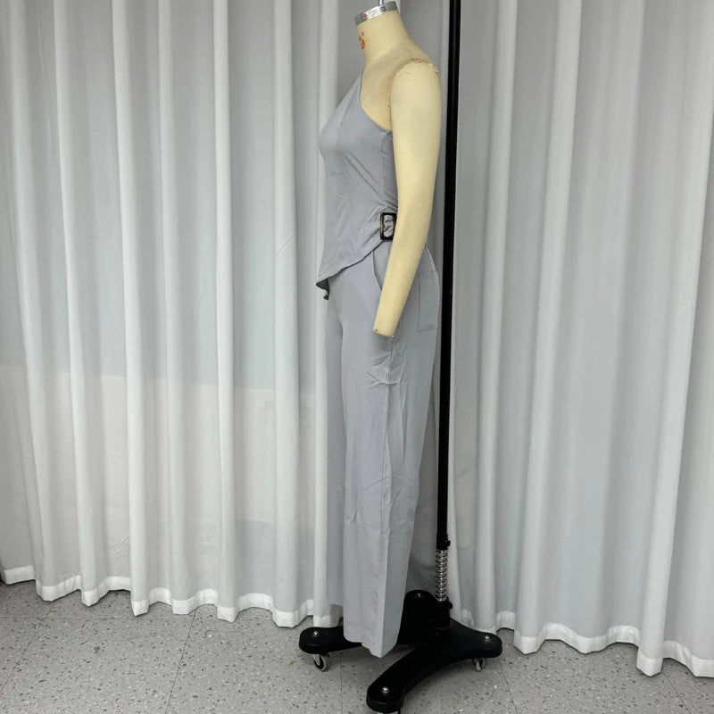 European And American Diagonal Collar Sleeveless Top High Waist Slim Pants Two-piece Set