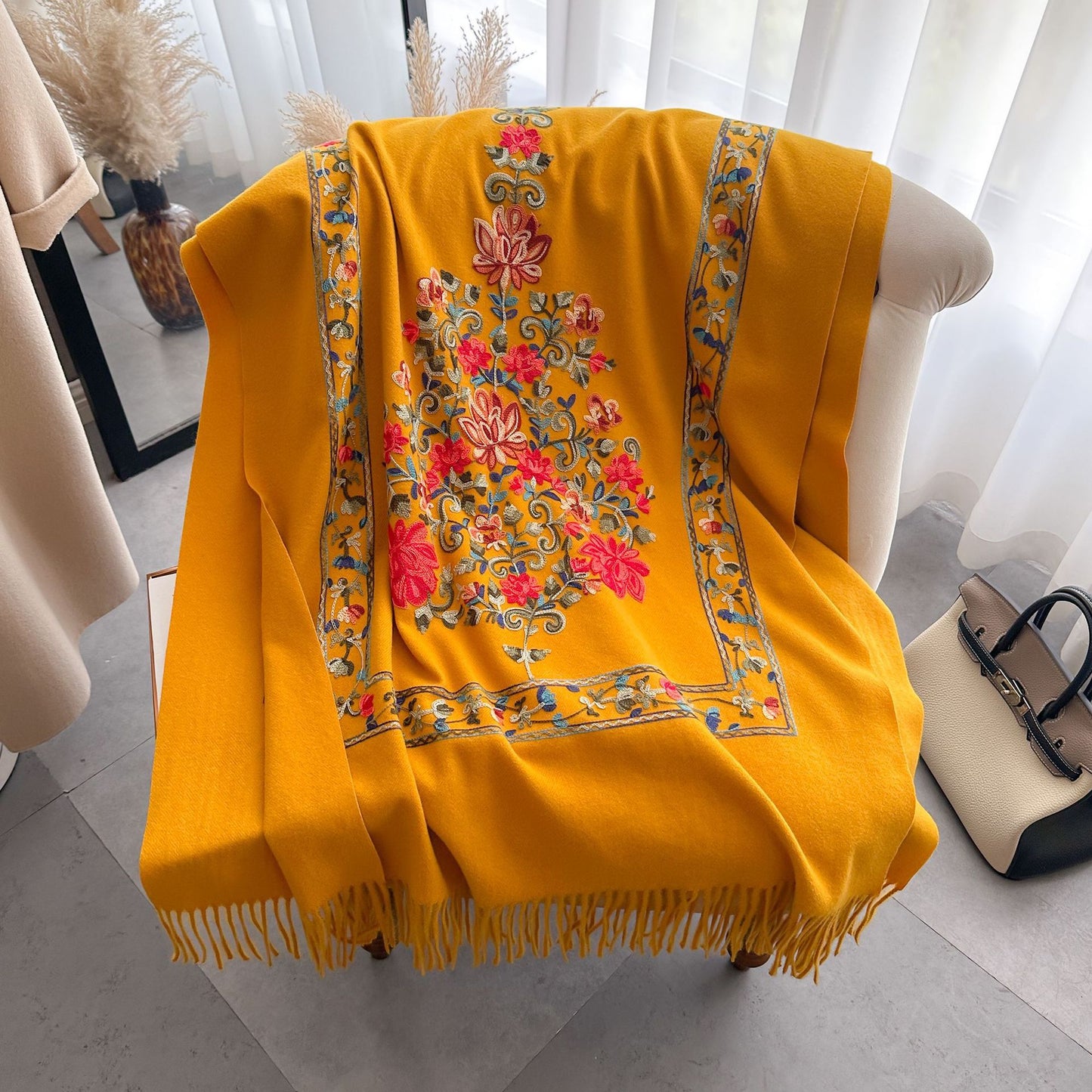 Red Gold Silk Embroidered Scarf For Women Winter All-matching Wool Extra Thick