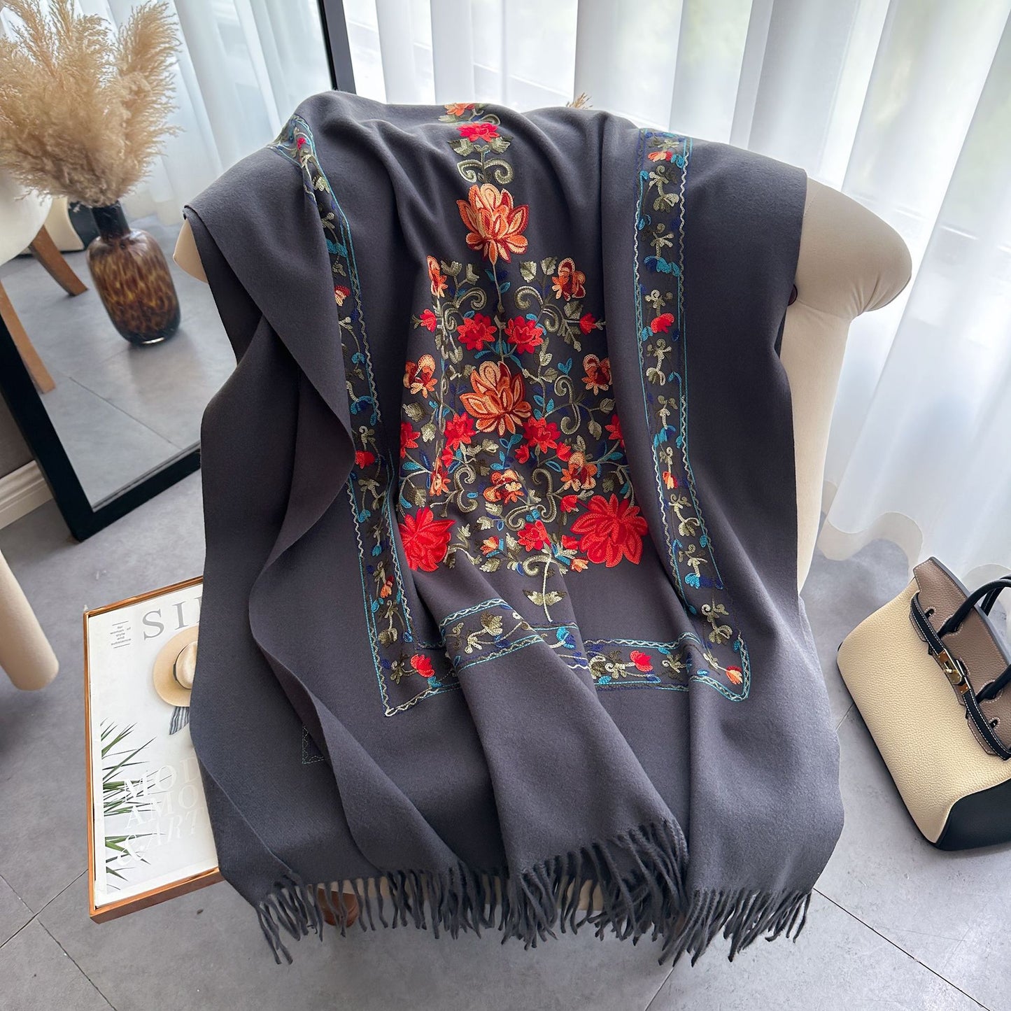 Red Gold Silk Embroidered Scarf For Women Winter All-matching Wool Extra Thick
