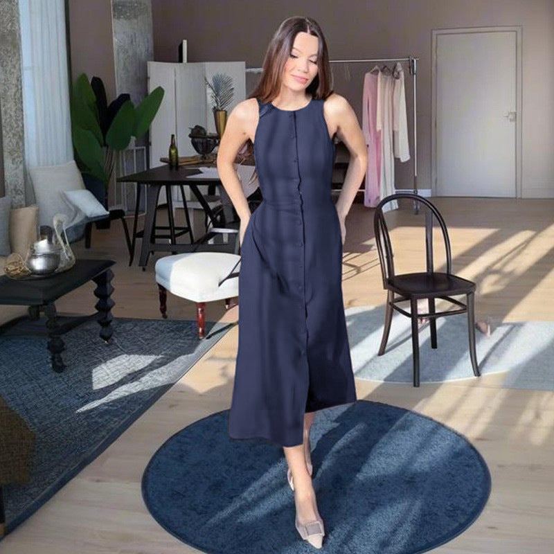 Women's Sleeveless Button Waist Trimming Fashion Dress