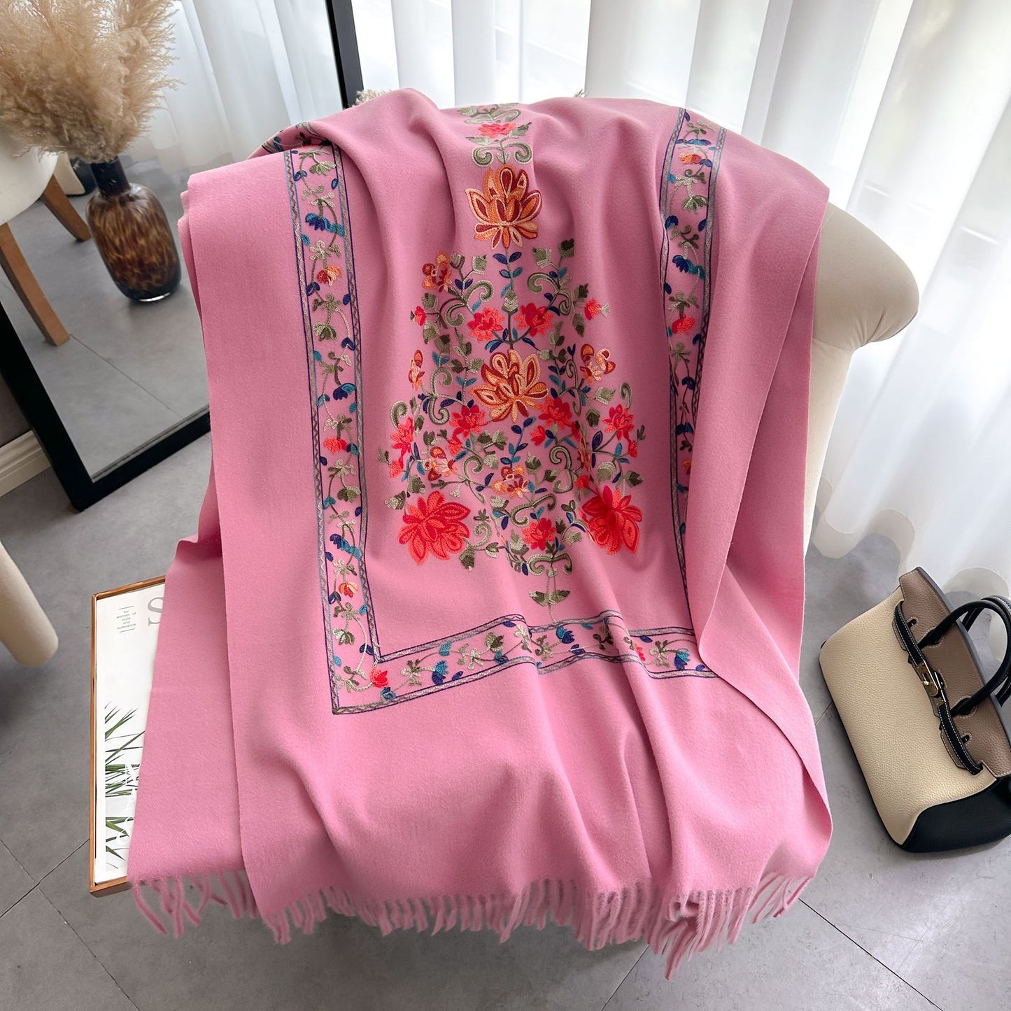 Red Gold Silk Embroidered Scarf For Women Winter All-matching Wool Extra Thick