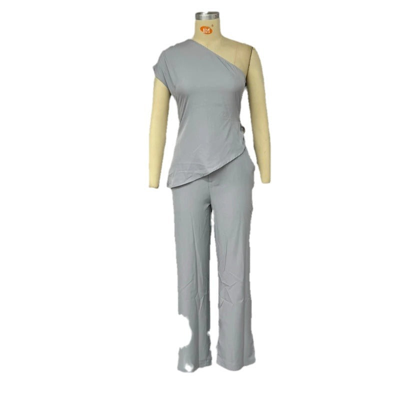 European And American Diagonal Collar Sleeveless Top High Waist Slim Pants Two-piece Set