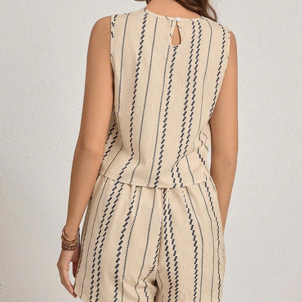 Casual Striped Sleeveless Fashion Vest Shorts Two-piece Set