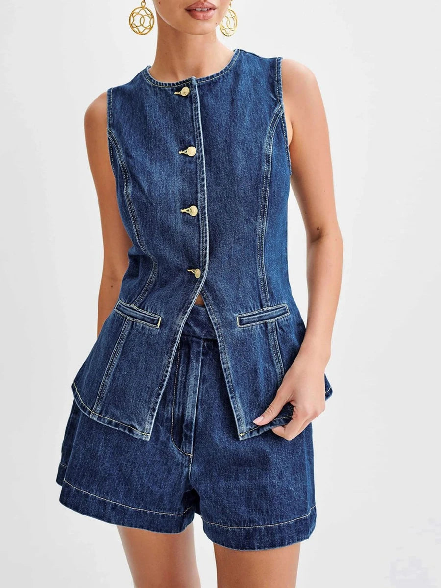 HzDazrl Women‘s Denim Vest Spring Fall Fit Sleeveless Button Down Back