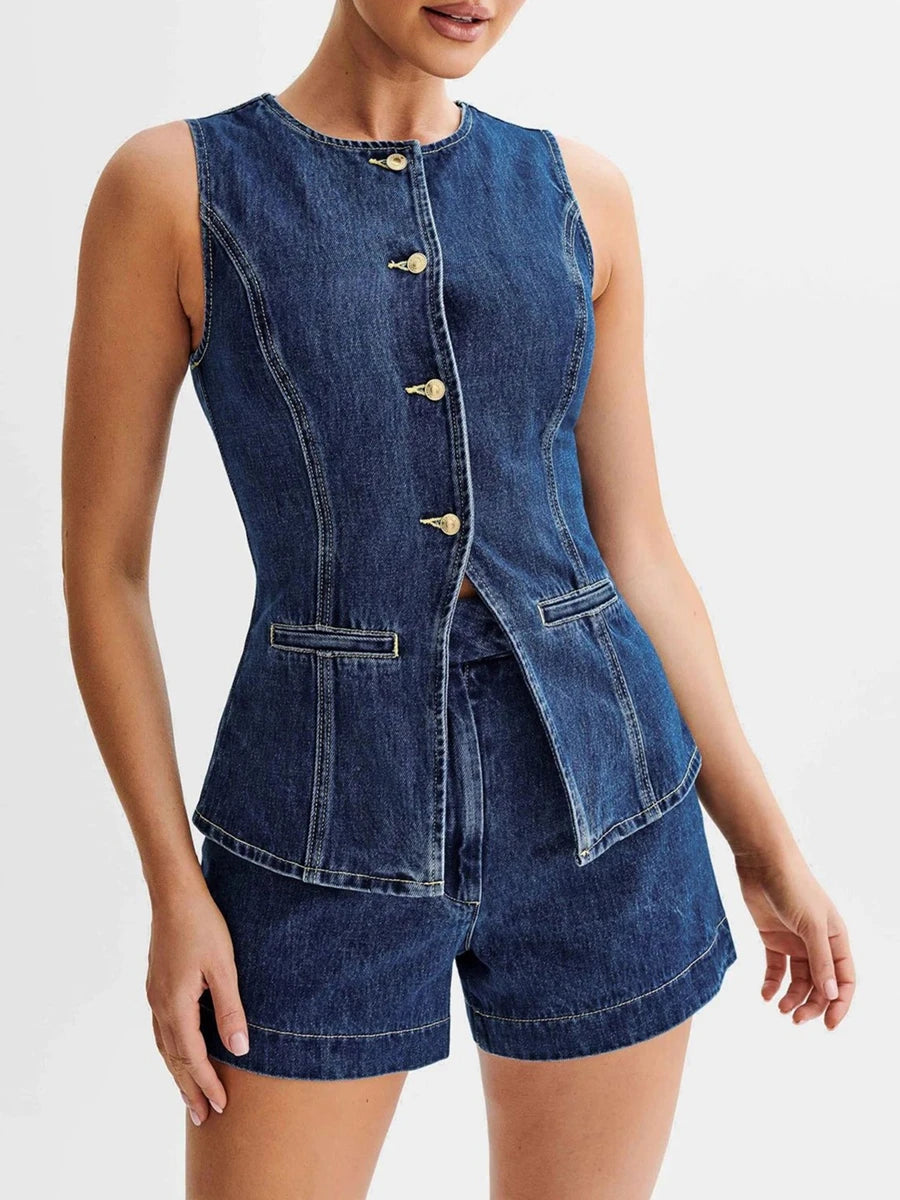 HzDazrl Women‘s Denim Vest Spring Fall Fit Sleeveless Button Down Back