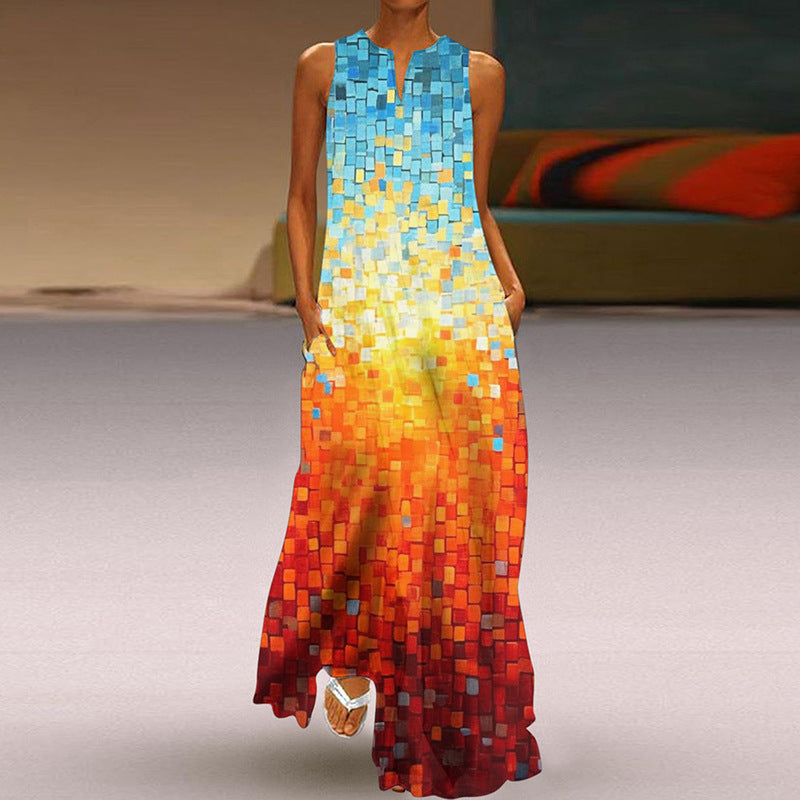 Printed V-neck Pocket Long Dress Swing