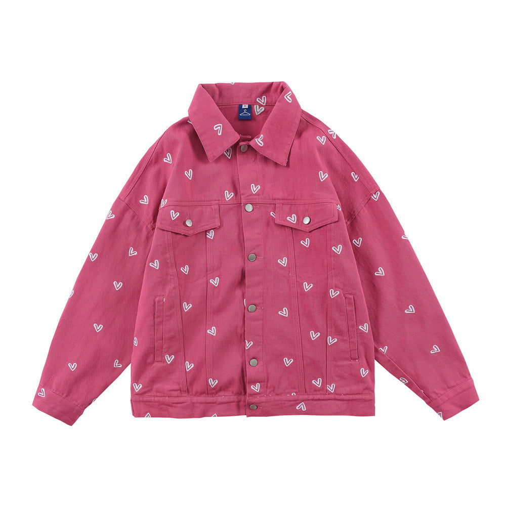 Love Embroidered Denim Men's Loose Lapel Workwear Jacket
