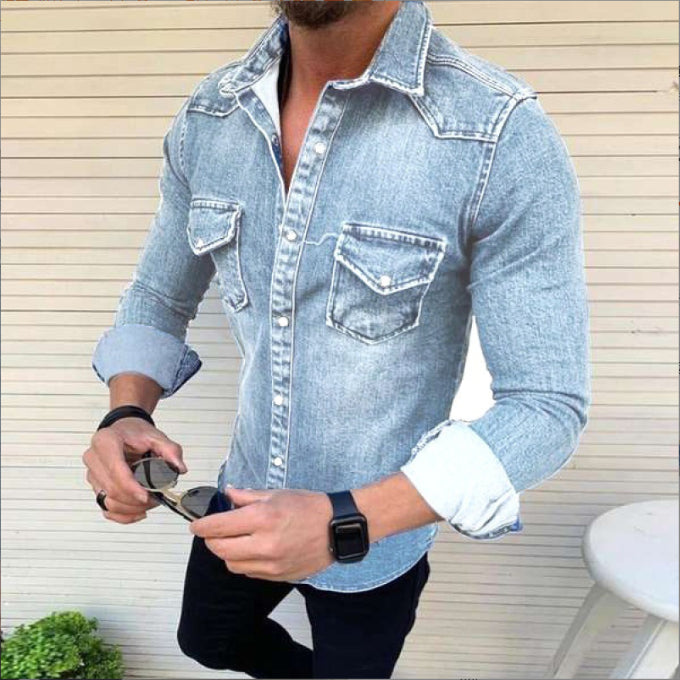 Washed Double Pocket Lapel Long Sleeve Shirt