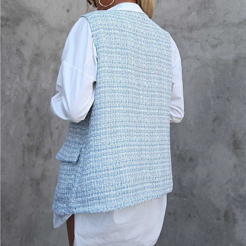 Houndstooth Plaid Mid-length Cardigan Vest Pocket Jacket