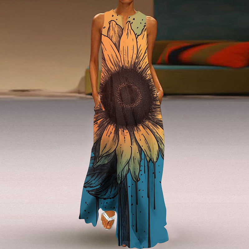 Printed V-neck Pocket Long Dress Swing