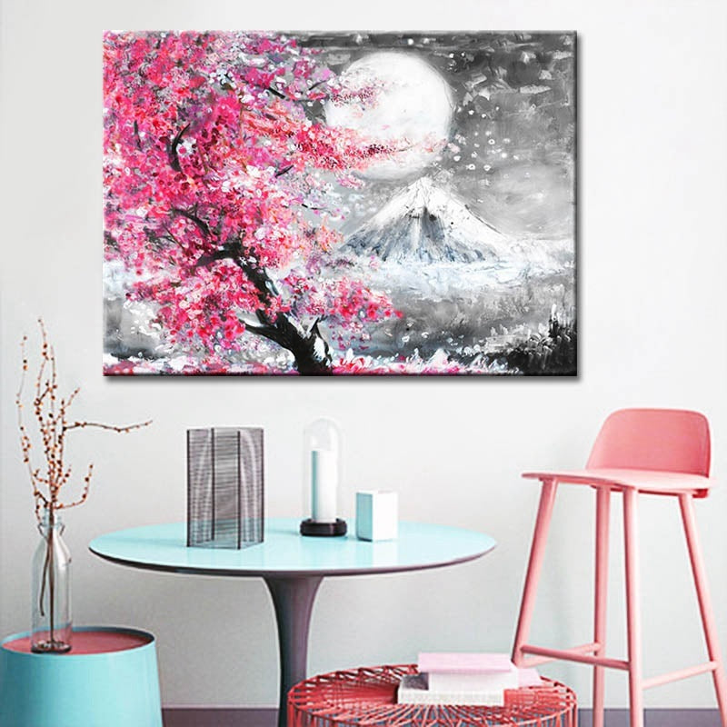 Sakura Mount Landscape Watercolor Oil Painting Canvas Print Core