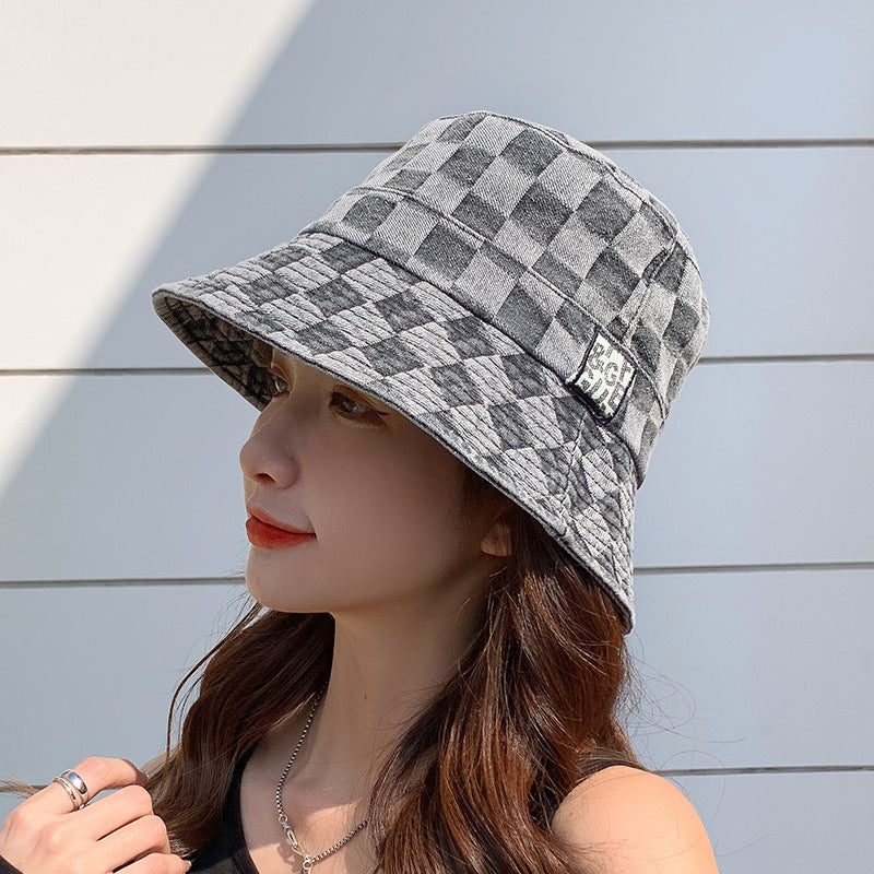 Women's Plaid Shade Sunscreen Denim Fisherman Hat