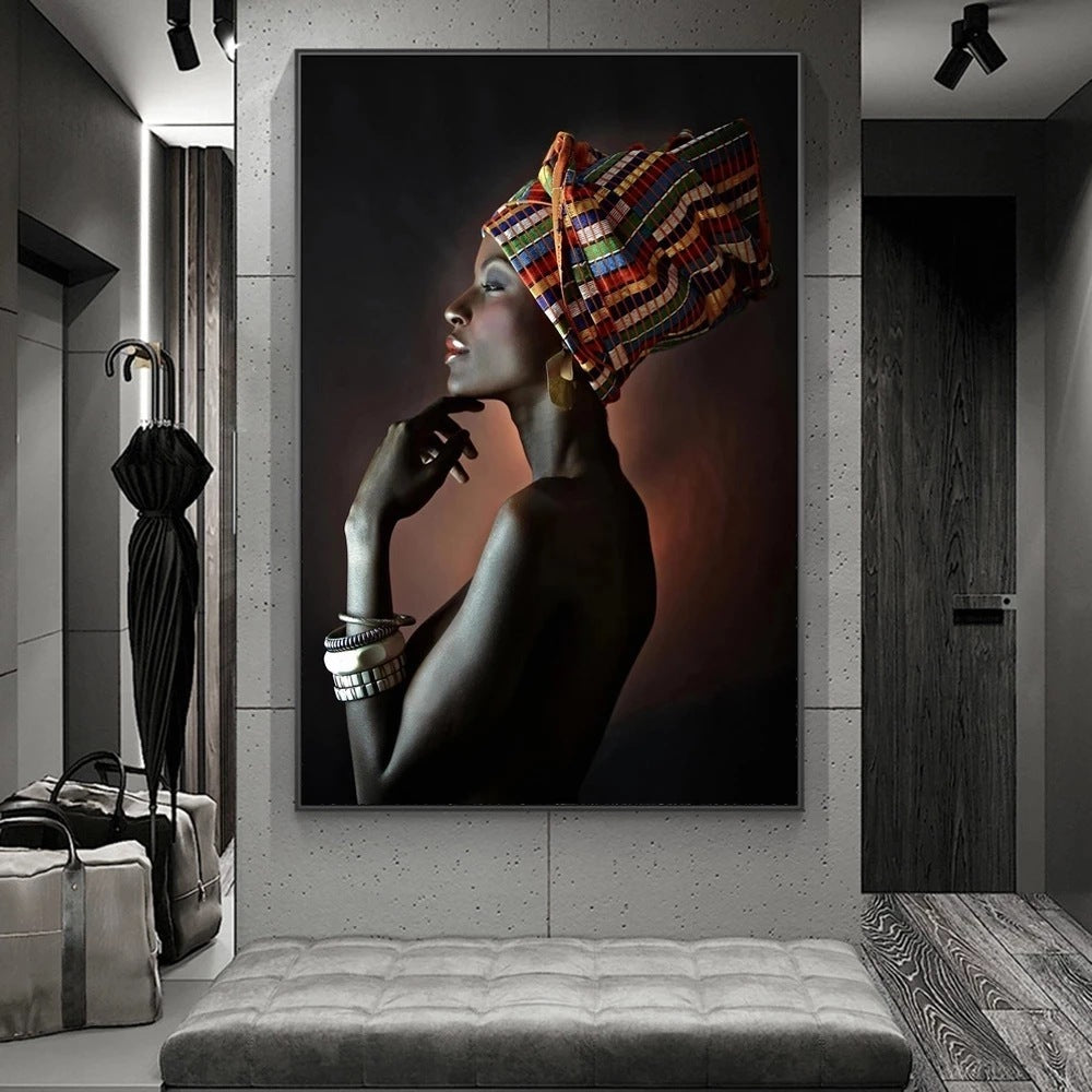 African Art Black Girl Silver Jewelry Canvas Painting Art Poster