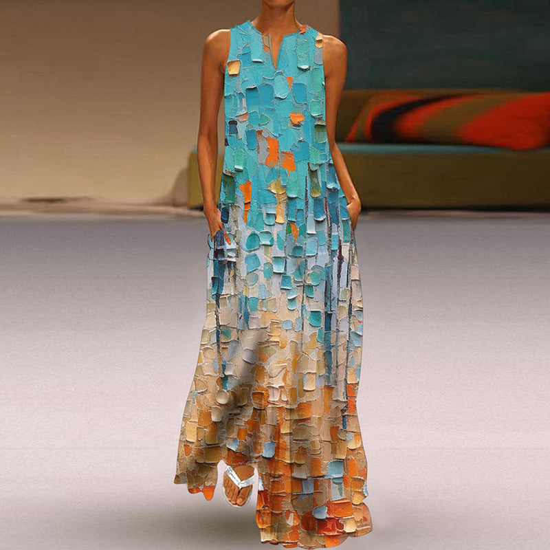 Printed V-neck Pocket Long Dress Swing