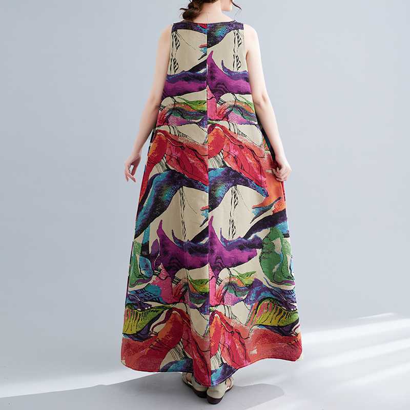 Vintage Floral Linen Sleeveless Round Neck Dress
