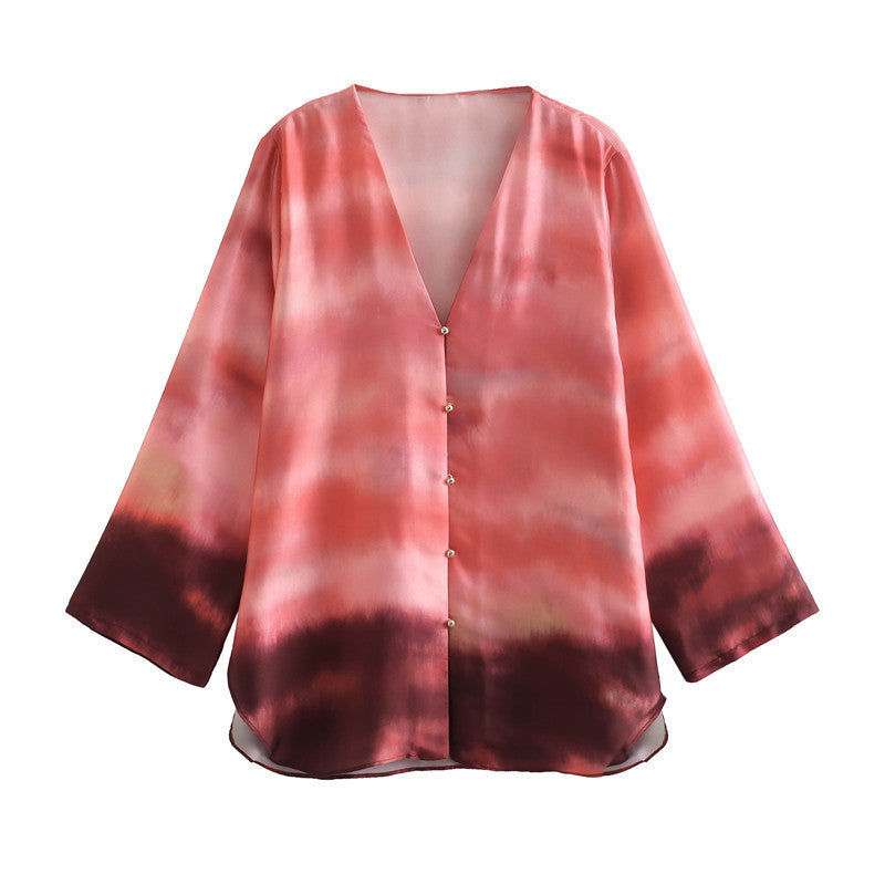 V-neck Long Sleeve Tie-dye Loose Shirt Satin Print Straight-leg Trousers Suit
