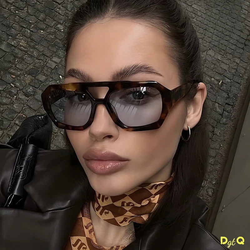 Retro Double Bridges Women's Sunglasses Big Frame Leopard Brown Gradient Eyewear Fashion Luxury Designer Sun Glasses Men Shades