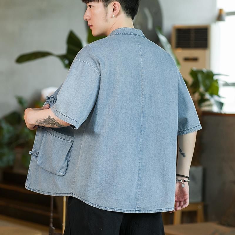 New Summer Men's Retro Denim Tang Suit Cardigan
