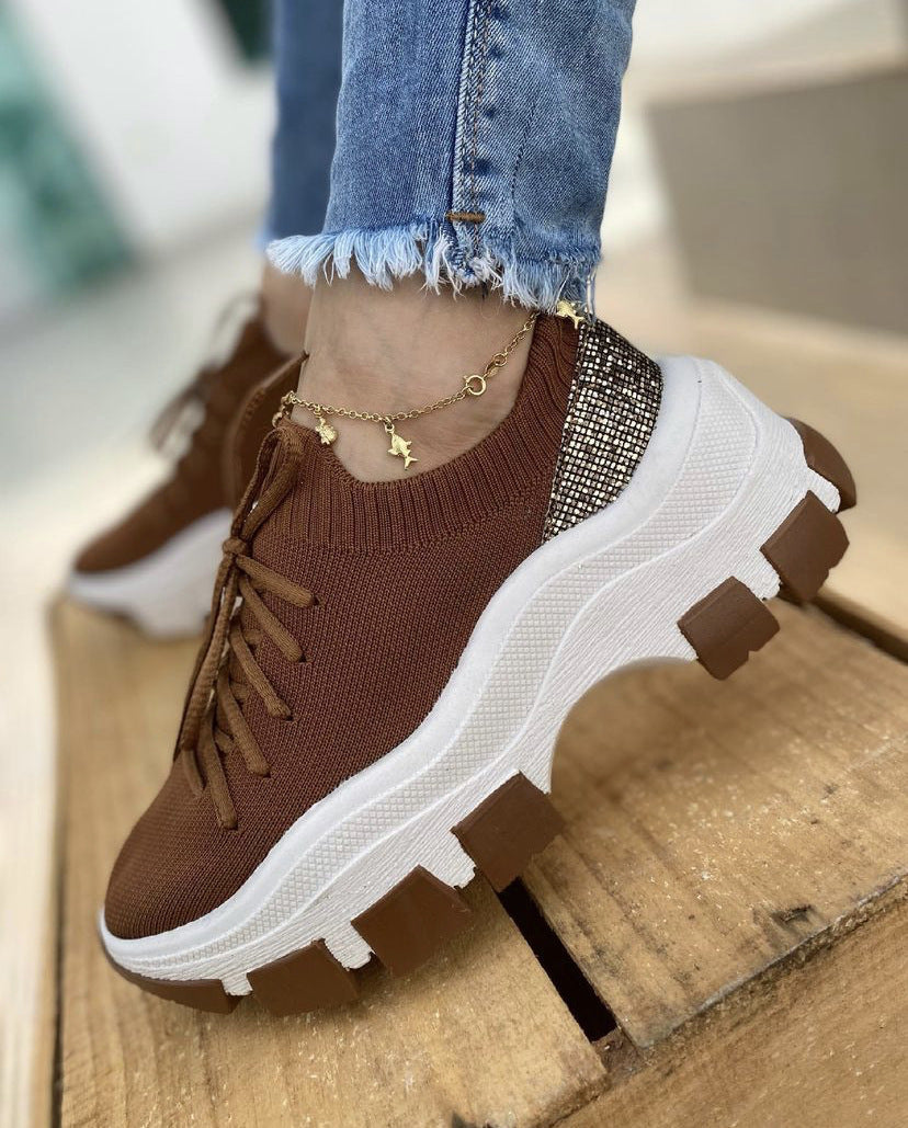 Platform Women's Sneakers With Flying Woven Lace-up Platform