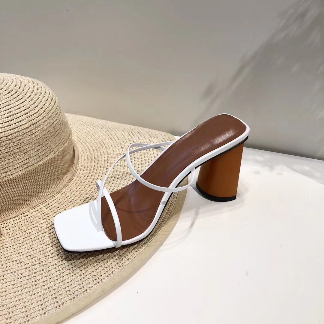Leather Thin Strap Square Toe Block Heel Women Sandals