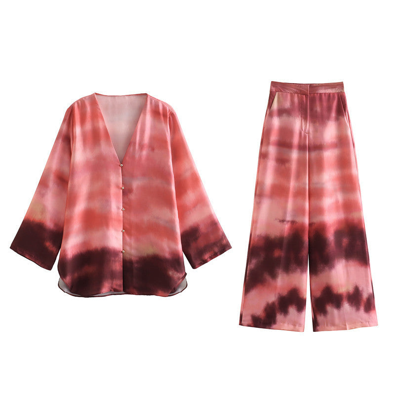 V-neck Long Sleeve Tie-dye Loose Shirt Satin Print Straight-leg Trousers Suit