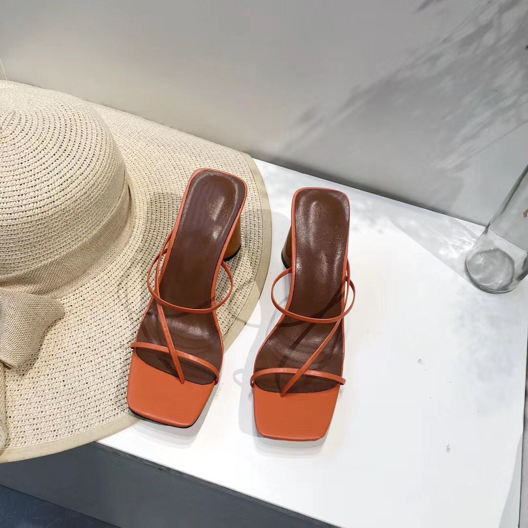 Leather Thin Strap Square Toe Block Heel Women Sandals