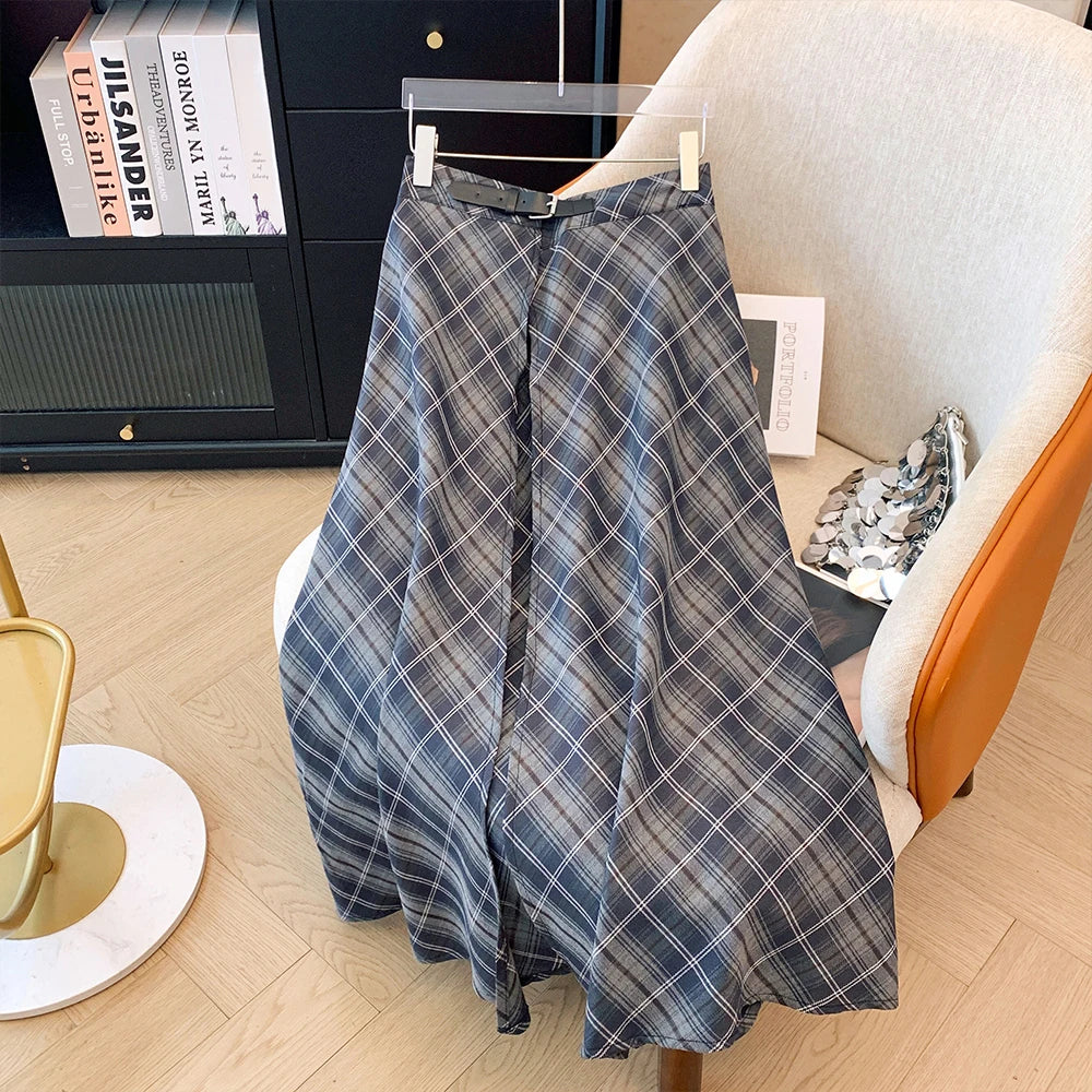 Plus-size women's spring summer autumn casual open skirt elastic waist loose decorative skirt commuter plaid skirt 2024 new