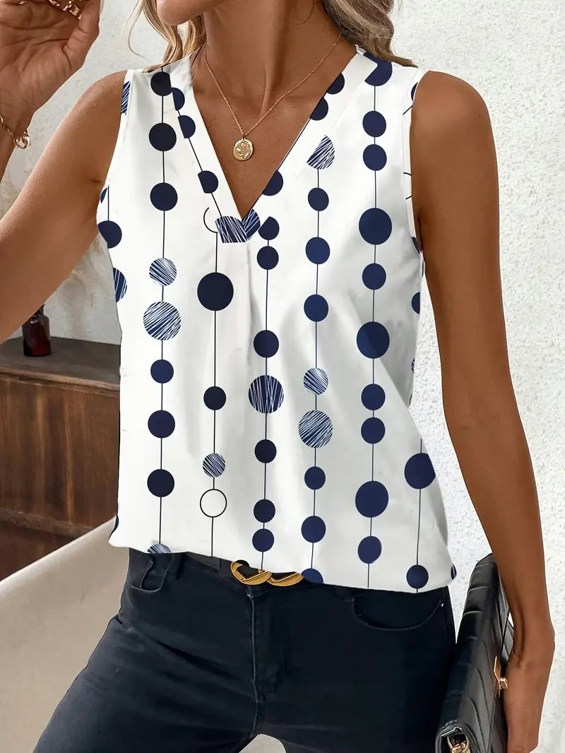 Women's Elegant Black And White Polka Dot Sleeveless V-neck Top