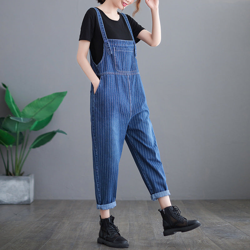 Plus Size Women's New Striped Denim Overalls