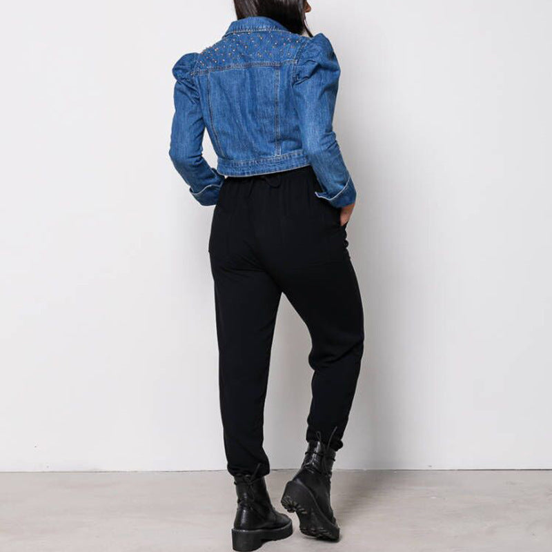 Denim Long-sleeved Retro Puff Sleeve Short Beaded Jacket