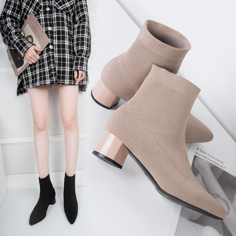 Stretch Boots Women's Mid-heel Pointed Knit Socks Shoes