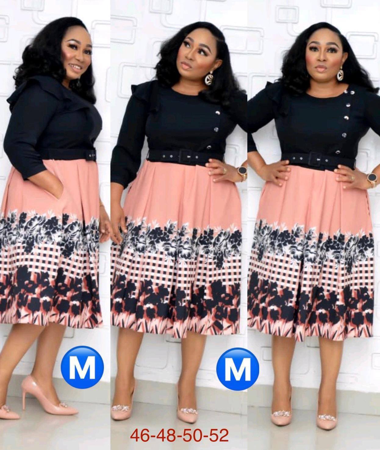 Autumn New Style African Plus Size Women's Round Neck, Three-Quarter Sleeves, Large Print Stitching Pocket Dress