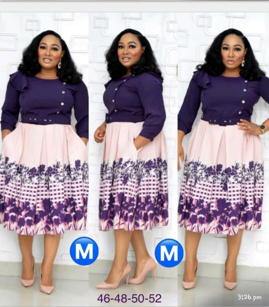 Autumn New Style African Plus Size Women's Round Neck, Three-Quarter Sleeves, Large Print Stitching Pocket Dress