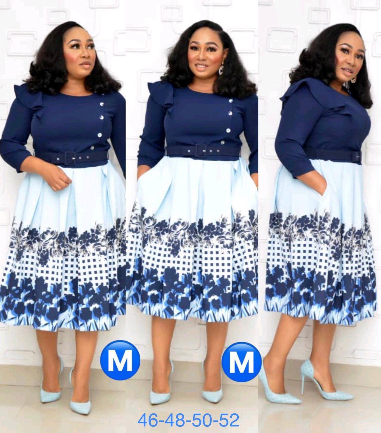 Autumn New Style African Plus Size Women's Round Neck, Three-Quarter Sleeves, Large Print Stitching Pocket Dress