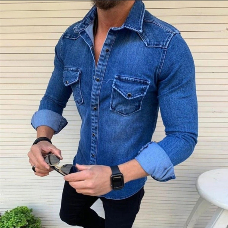 Washed Double Pocket Lapel Long Sleeve Shirt