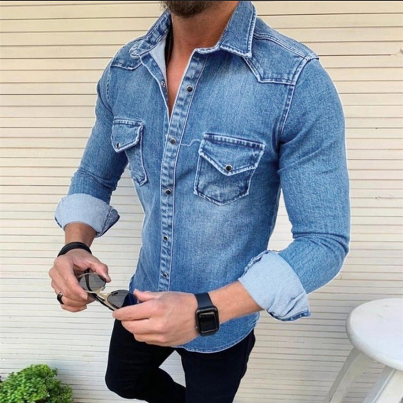 Washed Double Pocket Lapel Long Sleeve Shirt