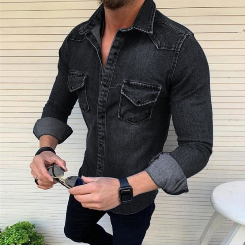 Washed Double Pocket Lapel Long Sleeve Shirt