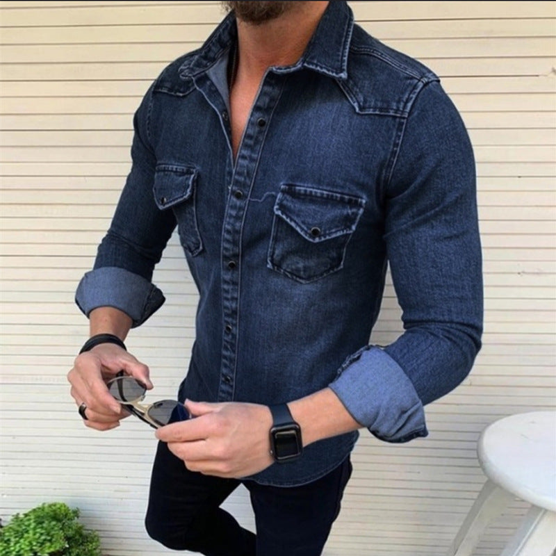 Washed Double Pocket Lapel Long Sleeve Shirt
