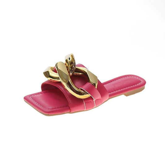 Chain Open Toe Flat Soft Bottom Slippers Round Head Metal Chain Flat Heel Sandals Outdoor Wear Women