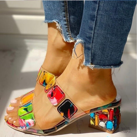 New Style Slippers Women European And American Rhinestone Thick Heel Sandals And Slippers Color Matching Medium Heel Foreign Trade Plus Size Women's Shoes In Stock