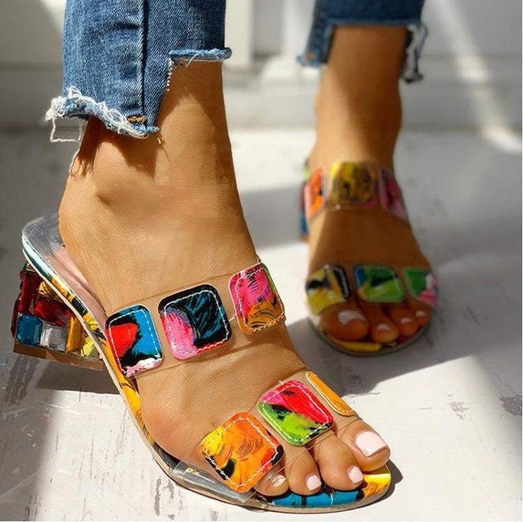 New Style Slippers Women European And American Rhinestone Thick Heel Sandals And Slippers Color Matching Medium Heel Foreign Trade Plus Size Women's Shoes In Stock