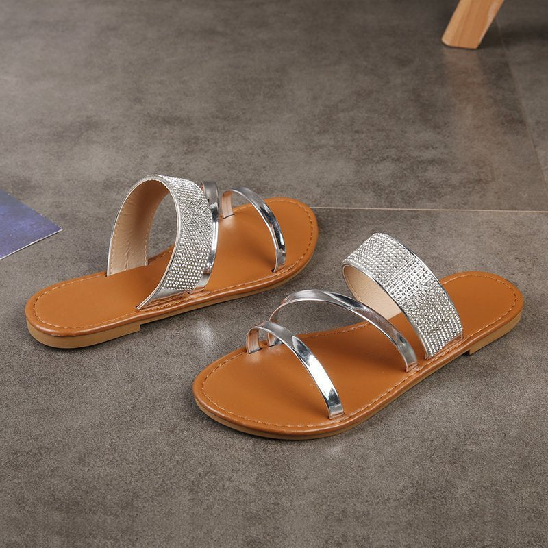 Fashion Sexy Summer New Style Roman Rhinestone Flat Outdoor Large Size Slippers
