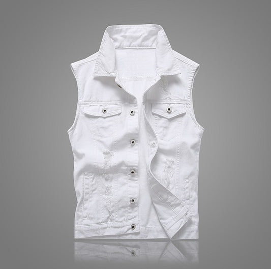 Casual Holes Pocket White Denim Vests