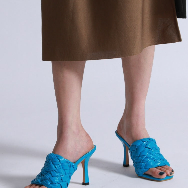 European And American Hand-woven High-heel Slippers With Square Toe Stiletto
