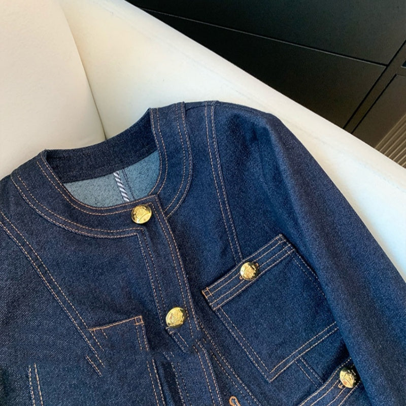 Classic Style Retro Blue Denim Coat For Women