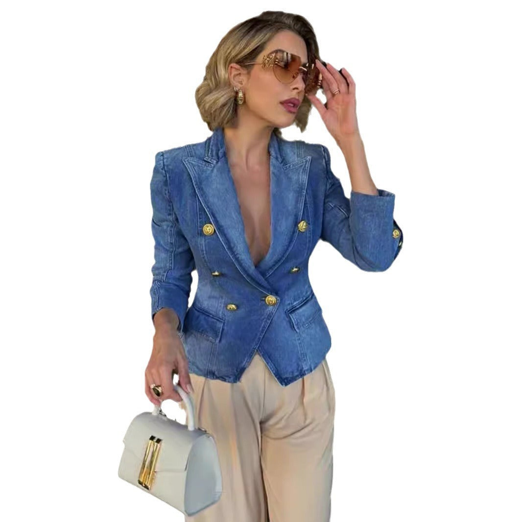 Women's Denim Jacket Suit Double Breasted Slim Fit
